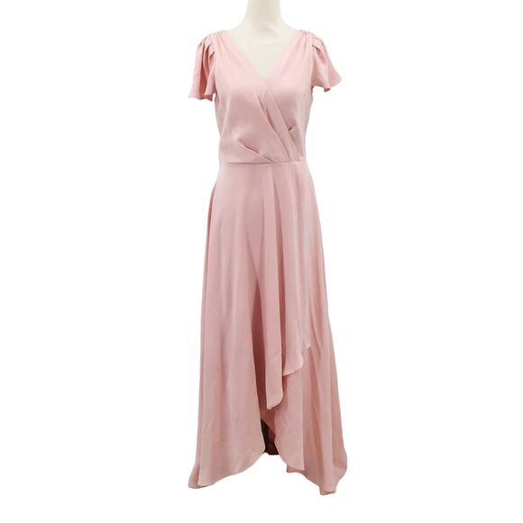 DKNY SZ 6 S Pink Satin V-Neck Faux Wrap High-Low Midi Dress NWT B153 - Picture 4 of 8